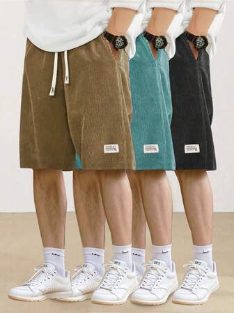 Men's Summer Soft Corduroy Drawstring Waist Casual Beach Shorts With Back Pockets