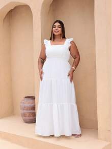 Long Plus Size Dress, With Straps, Three-Mariah Ruffle, Latex On The Back, Women's Fashion, Elegance, Versatile, In Duna Fabric. - White - View 1