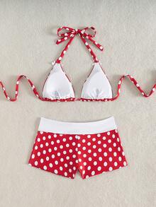 女士性感红色圆点泳衣套装 - 紅色 - 查看 4