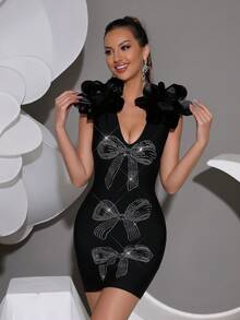 黑色性感无袖深V领重工立体花朵闪钻修身迷你绑带连衣裙优雅浪漫生日派对婚礼伴娘服宾客节日女士舞会礼服连衣裙 - 黑色 - 查看 4