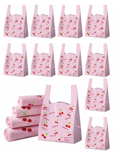 100pcs/50pcs Cherry Pattern Plastic Bags, Thickened Gift Bags, Cherry Print Plastic Tote Bags, Pink T-Shirt Bags, Fashionable & Exquisite Cherry Fruit Pattern Tote Bags, Cherry Print Disposable Plastic T-Shirt Bags, Fashionable Shopping Bags, Halloween Decorations, Halloween Party Supplies
