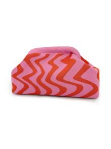 Bolso de embrague de punto a rayas y parches de moda, bolsa de maquillaje con estructura duradera y patrón ondulado de punto, bolsa de almacenamiento elegante para exteriores, bolsa de playa de vacaciones, bolsa de fiesta y noche, artículos de viaje portátiles de uso diario