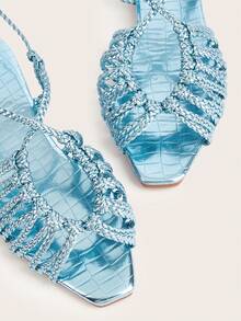 浅蓝色手工编织带编织正面麻花纹理组合石纹时尚女士平底凉鞋，编织纹理与石纹图案设计随机 - 淺藍色 - 查看 6