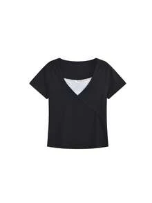 女式修身短袖打底上衣，春季新品 - 黑色 - 查看 2