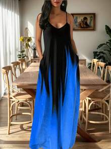 Đầm thời trang cỡ lớn họa tiết hoa phối màu không tay, kiểu dáng thường ngày, có túi, thích hợp cho kỳ nghỉ hè, dự tiệc hoặc đi biển. - Màu xanh lam - Xem 1