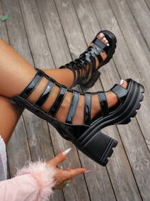 Retro Punk Color Block Patchwork PU Leather Roman Sandals, Party & Summer Wear