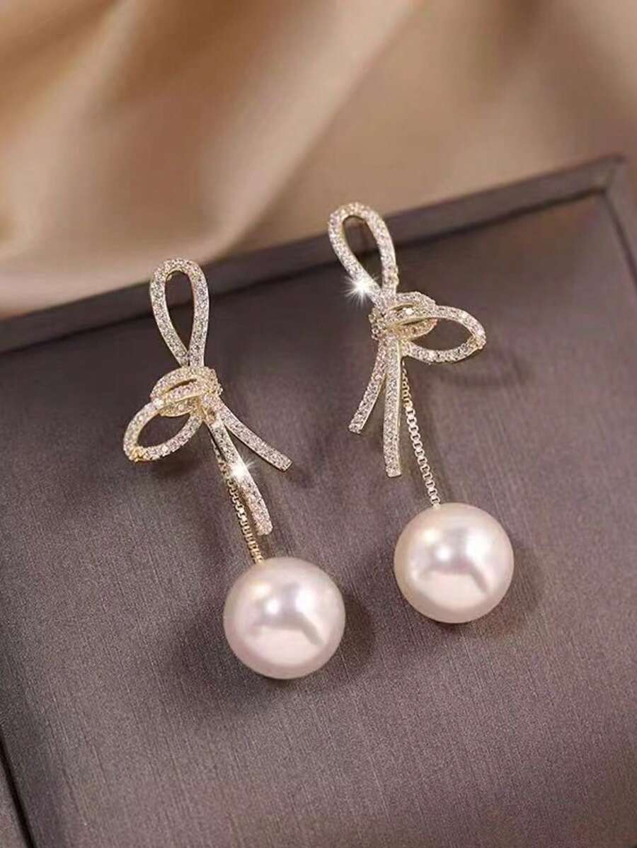 1 Pair Bowknot Faux Pearl Earrings, New 2025 French Design Personalized Stud Earrings, Suitable For Banquet, Ball