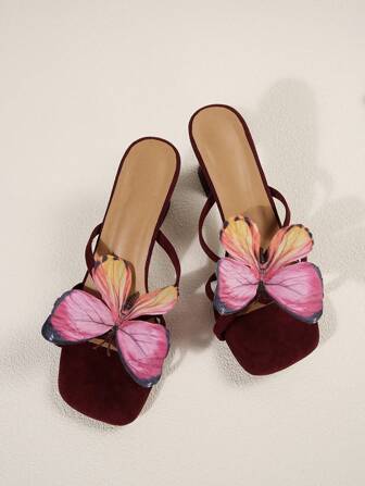 方头蝴蝶设计2025春夏新品绑带高跟凉鞋，仙女风优雅粗跟拖鞋