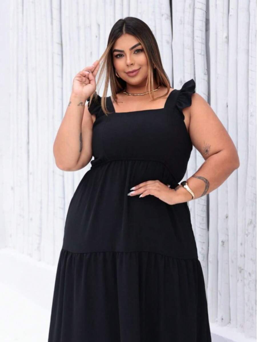 Long Plus Size Dress, With Straps, Three-Mariah Ruffle, Latex On The Back, Women's Fashion, Elegance, Versatile, In Duna Fabric. - Black - View 1