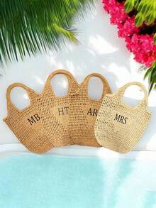 1pc Personalized Initial Letter Large Capacity Tote Bag, Customized Name Print Birthday Gift, Reusable Grocery Bag Suitable For Shopping, Holiday, Picnic, Travel - Multicolor - View 10