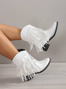 2025 Autumn/Winter New Pointy Toe Fringe Lace-Up Embroidery Western Boots, Outdoor Fashionable Slip-On Leather Boots