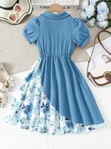 Tween Girls' Solid Color Patchwork Puffed Sleeve V-Neck Dress