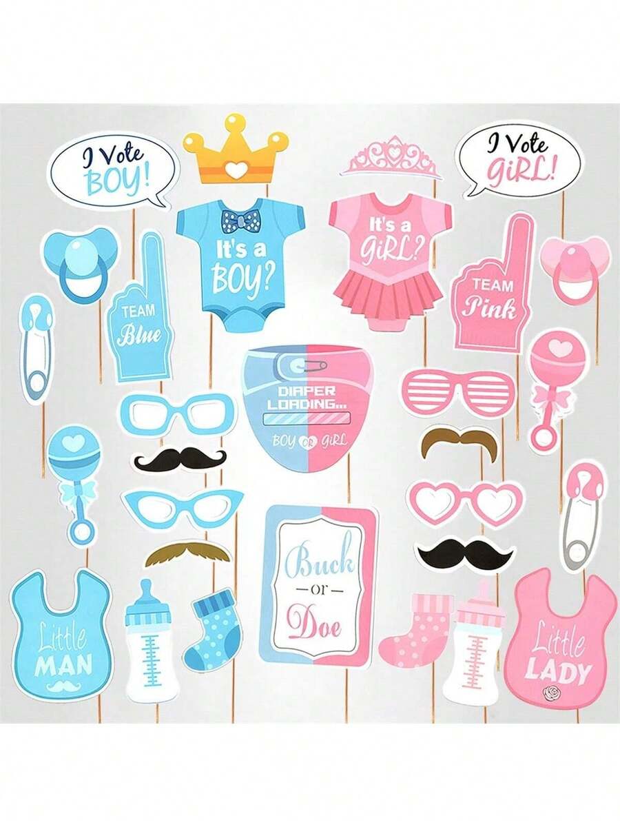 30pcs Gender Reveal Photo Booth Props,Baby Shower Decor,Birthday Decorations,Gender Reveal Decorations - Multicolor - View 1