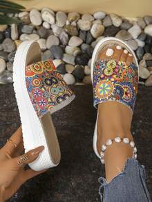 1 par de sandálias peep-toe elegantes, casuais, com estampa paisley, para férias, sem cadarço, leves e confortáveis, para praia/casamento/festa, primavera/verão/outono - Vermelho - Ver 5