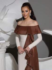 新款女士性感露肩长袖荷叶边紧身长款绷带连衣裙优雅婚礼宾客伴娘节派对晚宴连衣裙 - 卡其色 - 查看 7