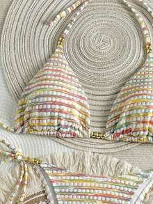 多色条纹优雅性感串珠吊带开叉比基尼套装