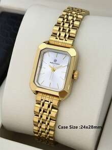 1pc Pablo Raez 18K Gold Plated Women's Wrist Watch, Elegant Stainless Steel Watch, Rectangular Accessory, Luxury Jewelry, Original Design, Charming, Silver Gold Plated, Non-Fading, Women's Formal Wrist Watch, Thick Steel Bracelet, Square Case, Top-Grade New AAA Design, Quartz Retro Wrist Watch, Business, Dream, Graduation, Wedding Gift - Gold - View 4