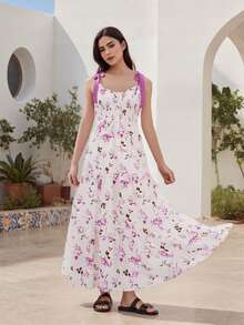 Women Y2K Slip Flowy Dress Sleeveless Backless Tie-Up Flower Print Swing Dress Summer Long Dresses - Purplish-red - View 5