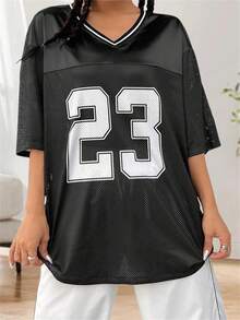 Women's Jersey Shirts Graphic Tees Oversized Streetwear Letter Print T Shirt V Neck Tee Top - Black - View 1