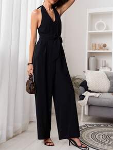 Women Deep V Neck Backless Sleeveless Long Jumpsuit, Wide Leg Black Jumpsuit, Simple Commute Casual Daily Tube Jumpsuit For Summer Outing, Comfortable Casual Sexy Loungewear, Suitable For Women