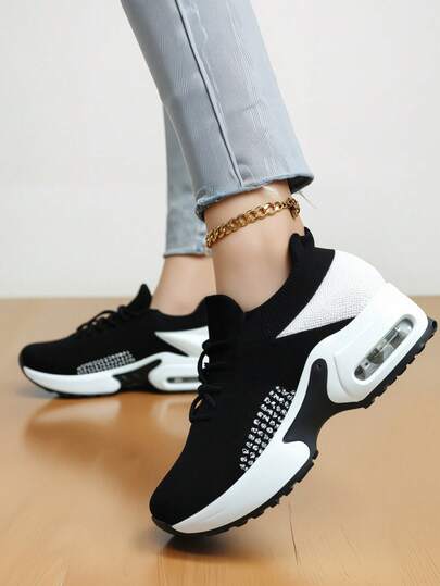Zapatos deportivos informales con cordones en blanco y negro, con amortiguación de cojín de aire, aptos para deportes, ocio, baile, enfermería, suelas con plataforma y aumentan la altura