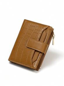 Stone Texture Short Women's Wallet, Dual-Layer 2-In-1 Crocodile Bifold Zipper Purse, Large Capacity Multi-Card Slots, PU Leather Ins Fashion Cross-Border Cardcase For Women Wallet Mini Wallet Purse Wallet Small Wallet - Brown - View 4