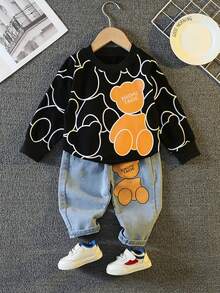 Children's Cartoon Round Neck Sweater Jeans Two-Piece Set - 黑色 - 查看 1