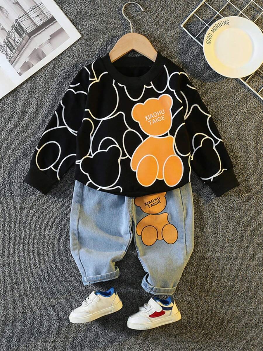 Children's Cartoon Round Neck Sweater Jeans Two-Piece Set - 黑色 - 查看 1