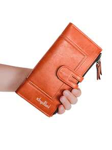 可折叠双拉链长款钱包 PU 皮革零钱包带多个卡槽手拿包带拉链封口各种印花图案和字母设计女士钱包钱包 - 橘色 - 查看 7