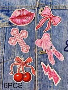 1 set de 3/6 piezas Parches bordados de dibujos animados rosas lindas para niñas con diseños de lazo, zapatillas de ballet, relámpago, accesorio decorativo, pegatinas de tela para zurcir adecuadas para mochilas, vaqueros, chaquetas, camisetas, sombreros, vestidos, etc. - Multicolor - Ver 14