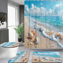 1pc/4pcs Printed Beach Series Beach Scenery Beach Shell Pattern Shower Curtain Bathroom Set, Must-Have For Home, Dorm Decor Home Bathroom Decor Fall Decor Back To School - Multicolor - View 6