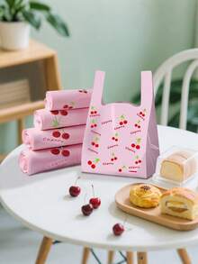 100个/50个装樱桃图案塑料袋，加厚礼品袋，樱桃印花塑料手提袋，粉色T恤袋，时尚精致樱桃水果图案手提袋，樱桃印花一次性塑料T恤袋，时尚购物袋，万圣节装饰，万圣节派对用品