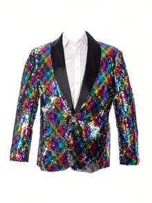 男士闪亮亮片西装外套适合派对、俱乐部、音乐节、主持、舞台表演、节日 - 彩色 - 查看 12