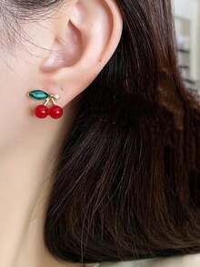 1pair Cute Cherry Shaped Red Stud Earrings, Sweet Casual Earrings For Women And Girls