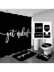 1/4 Pieces Set Black Printed Bathroom Shower Curtain, Non-Slip Bath Mat Rug, U-Shaped Toilet Cover, Bathtub Curtain, 71"X71", With 12 Hooks, Bathroom Decor Fall Decor Bathroom Accessories Back To School
