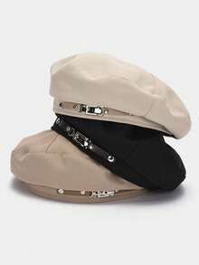 1pc Women's Beret Hat, Japanese Style Metal Buckle, Lightweight 8-Panel, Suitable For Summer Outdoor Travel, Shopping, Dates, Sweet & Retro - Black - View 6