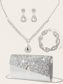 四件套水钻首饰套装，闪亮项链、耳环、手链，适合婚礼、晚宴、派对等场合，也可作手拿包、信封包、新娘包、晚宴包、派对钱包使用。 - 銀色 - 查看 13