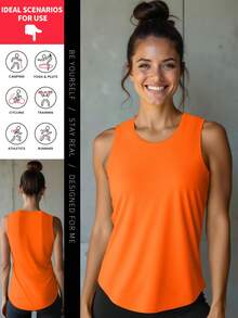 Orange Women Sports Tank Top With Wide Shoulder Cut And Rounded Hem Delivers Vibrant Style Ideal For Hiking Gym Sessions And Group Class Activewear - Orange - View 3