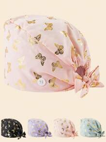 1pc Premium Polyester Material Butterfly Print Thermal Transfer Gold Design Scrub Cap, Anti-Bacterial And Dust-Proof, Elastic Back, Side Mask Hanging Buckle, Suitable For Doctors, Nurses, And All Hospital, Beauty Salon, And Veterinary Clinic Workers