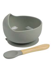 1 Set Of Baby Feeding Bowl And Spoon Set, Silicone Baby Bowl Suction With Wooden Spoon Silicone Suction Base Anti-Slip Baby First Feeding Set, Suitable For, Girls And Boys