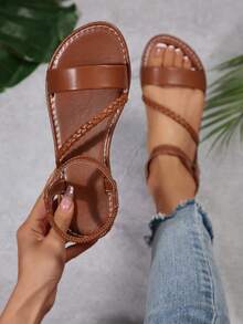 Stil european și american de mărime mare pentru femei, confortabile, cu bretele simple, cu flori mari, cu vârful pătrat, sandale plate, pantofi de vară pentru plajă. - Maro ruginiu - Vizualizare 2