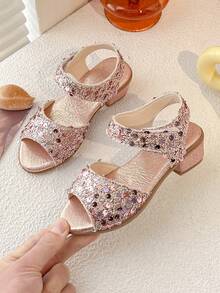 1双夏季促销闪亮时尚公主风高跟凉鞋，适合3-12岁儿童凉鞋，适合户外和室内度假露趾凉鞋 - 粉色 - 查看 1