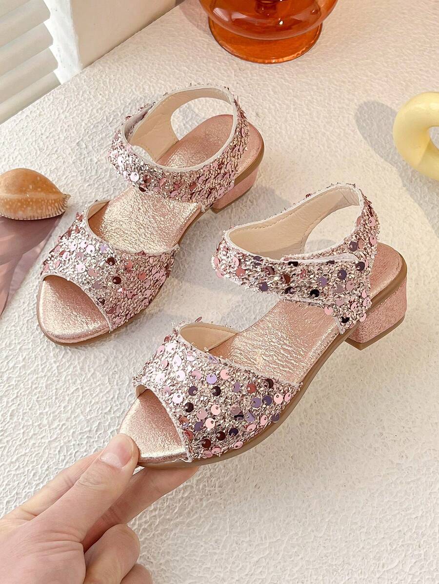 1双夏季促销闪亮时尚公主风高跟凉鞋，适合3-12岁儿童凉鞋，适合户外和室内度假露趾凉鞋 - 粉色 - 查看 1
