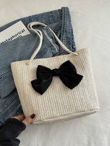 超大编织蝴蝶结草编沙滩度假包，女士时尚单肩/腋下托特包，休闲时尚大容量，2025年新款 - 米色 - 查看 8