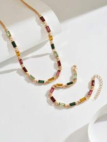 2pcs Summer Elegant Necklace + Bracelet Jewelry Set For Women, Fashion Minimalist Geometric Square Colorful Rhinestone Inlaid Design, Suitable For Daily, Wedding, Dating, Holiday Exquisite Gift Accessory - Multicolor - View 4