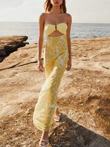 Y2k Floral Cut Out Strapless Maxi Dress For Women 2025 Summer Backless Bodycon Satin Tube Dress Off Shoulder Formal Cocktail Beach Long Sundress - Màu vàng - Xem 4