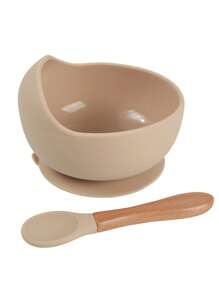 1 Set Of Baby Feeding Bowl And Spoon Set, Silicone Baby Bowl Suction With Wooden Spoon Silicone Suction Base Anti-Slip Baby First Feeding Set, Suitable For, Girls And Boys