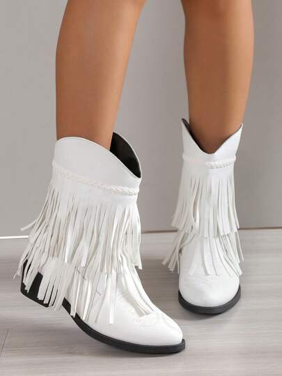 2025 Autumn/Winter New Pointy Toe Fringe Lace-Up Embroidery Western Boots, Outdoor Fashionable Slip-On Leather Boots