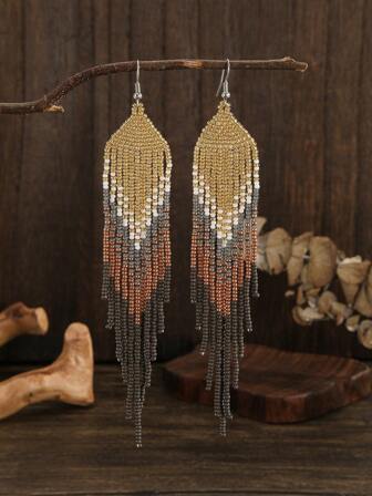 1 对女士时尚长流苏耳环，波西米亚风格渐变优雅玻璃串珠手工制作，适合日常佩戴和送礼