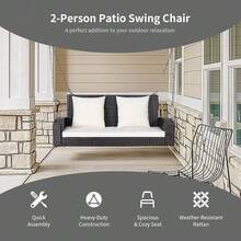 2025-NEW RELAX4LIFE Outdoor 2-Seater Swing Set, Rattan Swing Bench And Metal Frame  Cushions, Hanging Loveat For Patio Garden(Swing Chair  Black Cushions)Swing Chair  White CushionsWhiteBlack - Bildfarbe - View 2